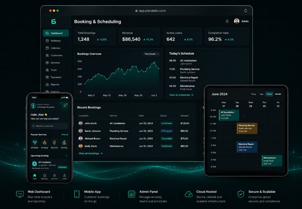 Booking and scheduling platform with web dashboard, mobile app, calendar and admin panel