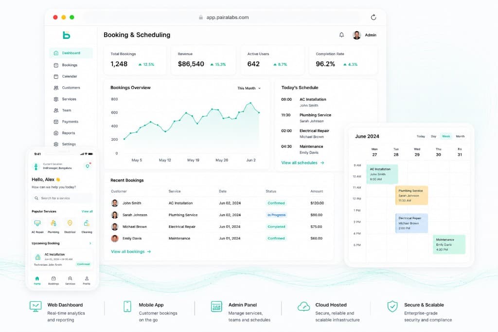 Booking and scheduling platform with web dashboard, mobile app, calendar and admin panel